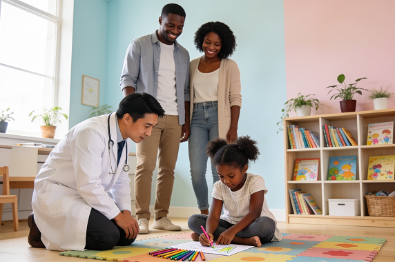 An Asian doctor observing a child and family during a medical evaluation.