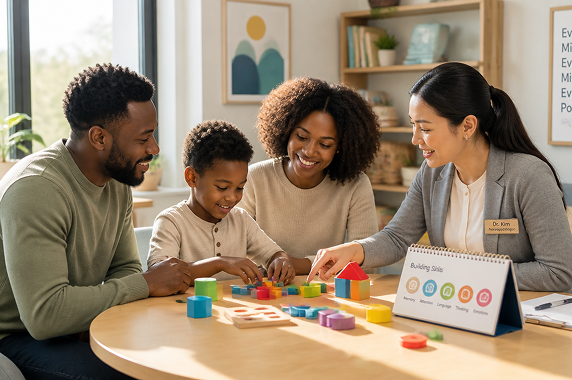 A family and an therapist sitting together in a friendly clinic environment.