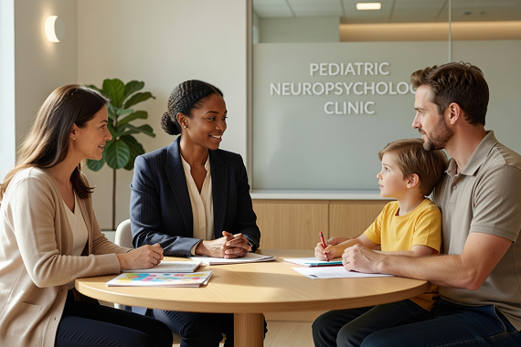 A pediatric specialist speaking with a young child during a therapy session.