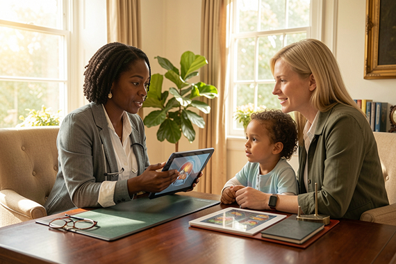 A pediatric clinician interacting with a young mother and child.