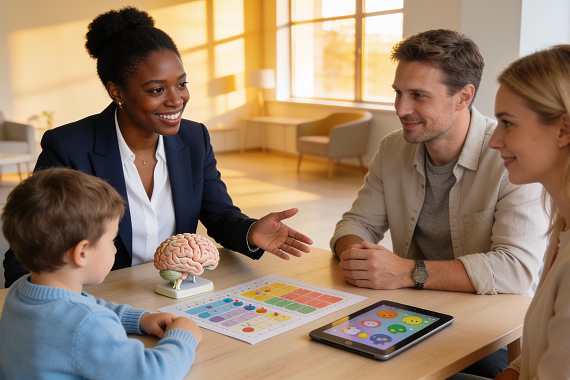 A pediatric specialist smiling and talking with a family in a warm clinic room.