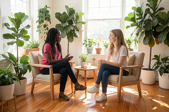 A therapist and a colleague collaborating in a bright counseling room.
