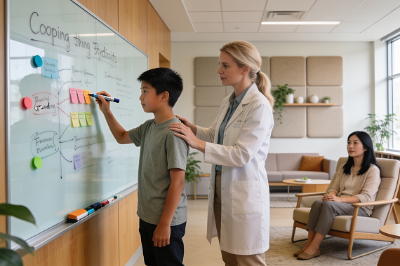 A female specialist helping a young boy draw on a whiteboard during a learning assessment.