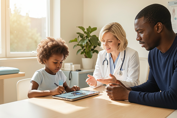 A female child psychologist smiling and talking to a child in a sunlit room.