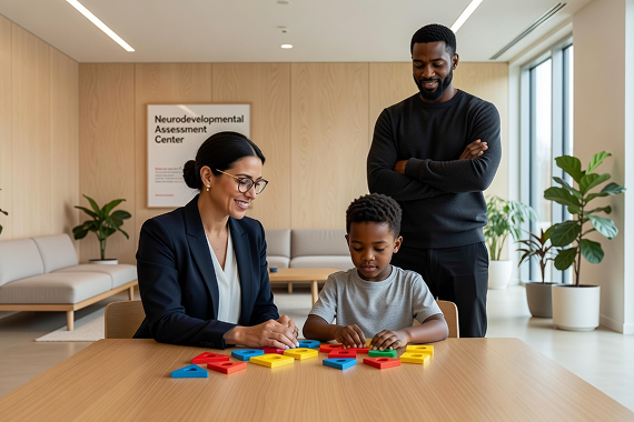 A neuropsychologist smiling and sitting with a family in a warm office.