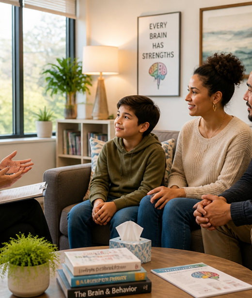 A child and mother talking closely with a pediatric specialist in a sunlit room.