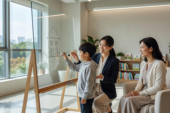 A pediatric psychologist guiding a young child through an interactive exercise.