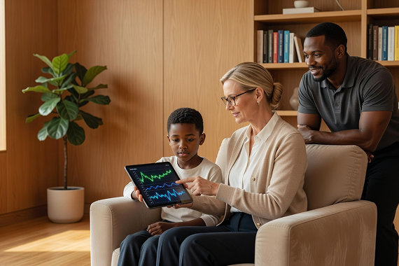 A female clinician guiding a young boy through a digital tablet activity.