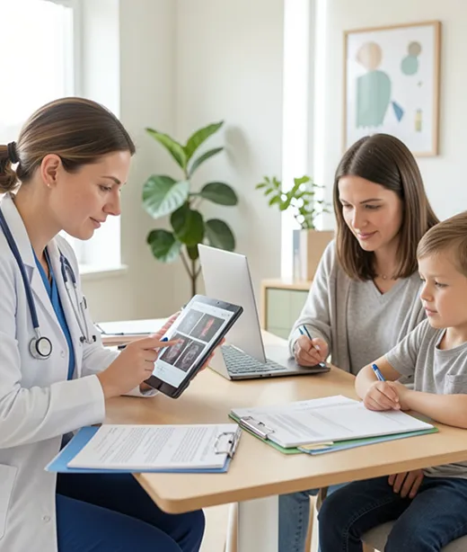 Clinician reviewing behavioral milestone strategies.