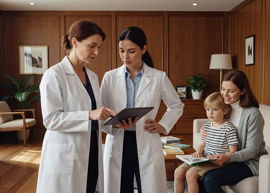 Two female doctors reviewing a child's medical files on a tablet.